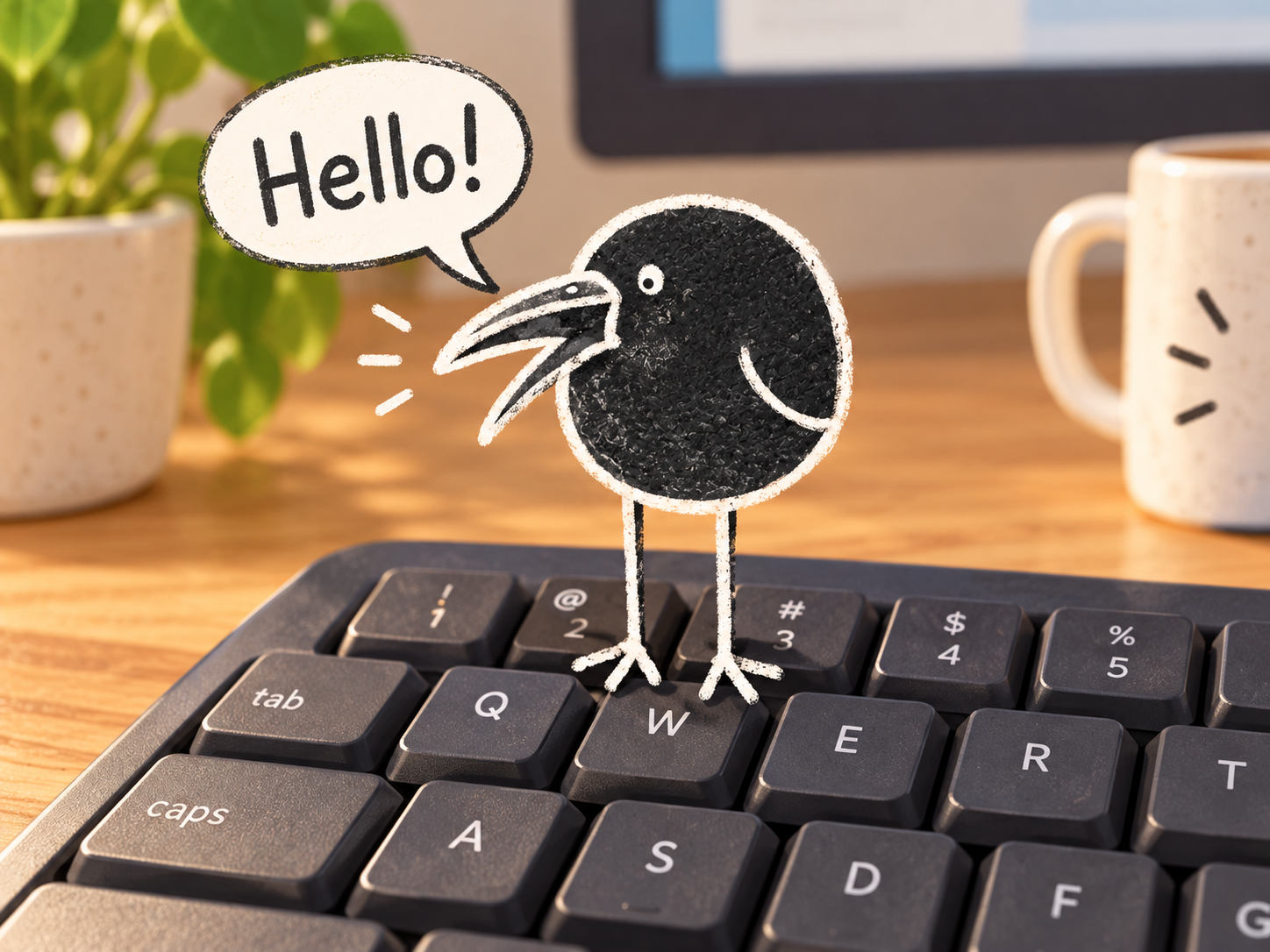 A chalk-drawn bird standing on a keyboard says Hello!