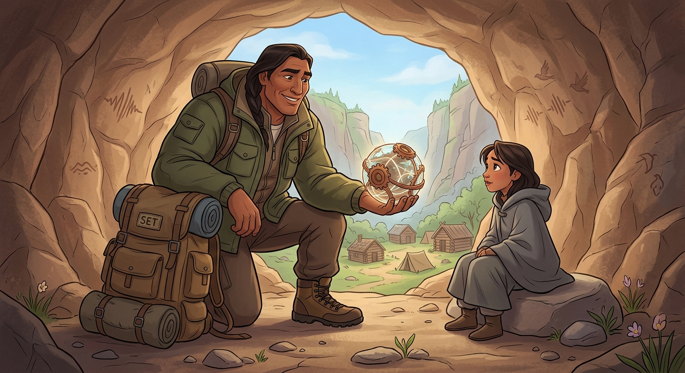 DaCo Mozzie offers the Cadence Sphere to Echo at the mouth of a cave
