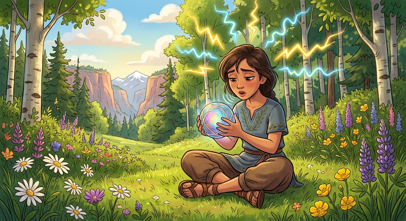 Echo practises the melody of speech with a glowing Cadence Sphere in a forest