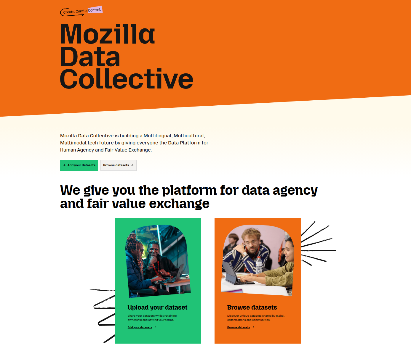 Mozilla Data Collective homepage: Create. Curate. Control. A platform for sharing and discovering datasets.