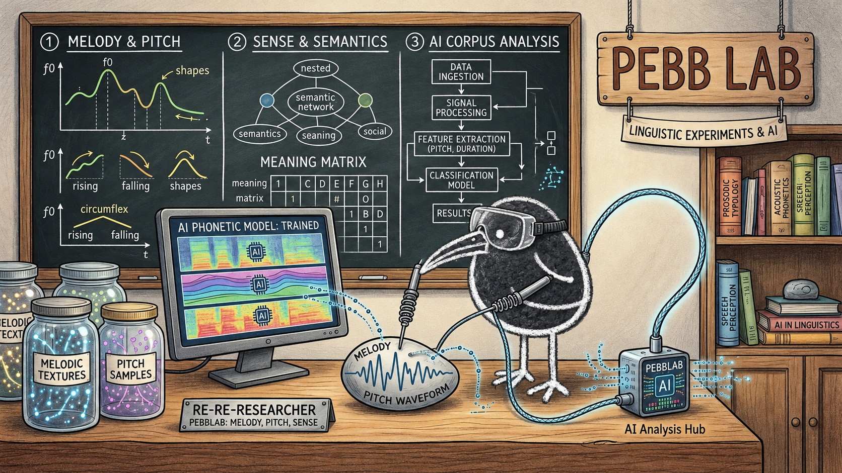 Pebb, a chalk-drawn bird in safety goggles, investigates pitch waveforms at a workbench surrounded by speech samples, acoustic displays, and a chalkboard of linguistic ideas.