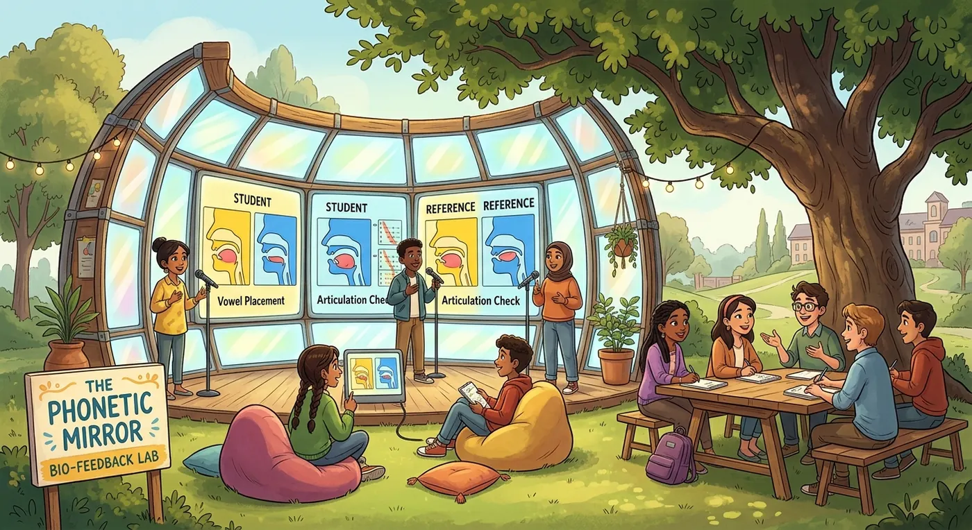 An imagined future Open Phonetic Lab where learners and teachers gather around transparent speech displays outdoors