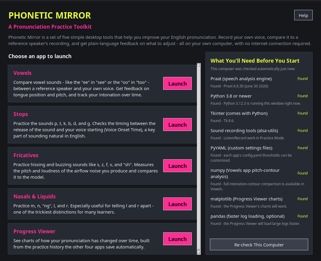 Phonetic Mirror launcher with five tools and dependency checks