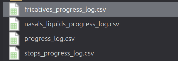 A list of CSV progress logs for fricatives, nasals and liquids, vowels, and stops