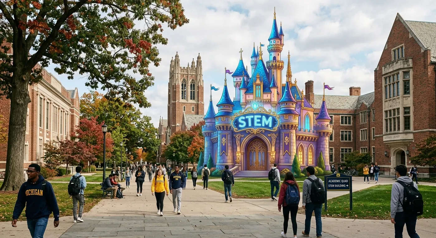 A university campus with a brightly coloured STEM castle at its centre