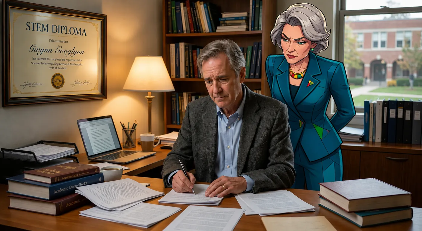 Linus sits at his desk while Dean Gwynn Googlynn stands behind him