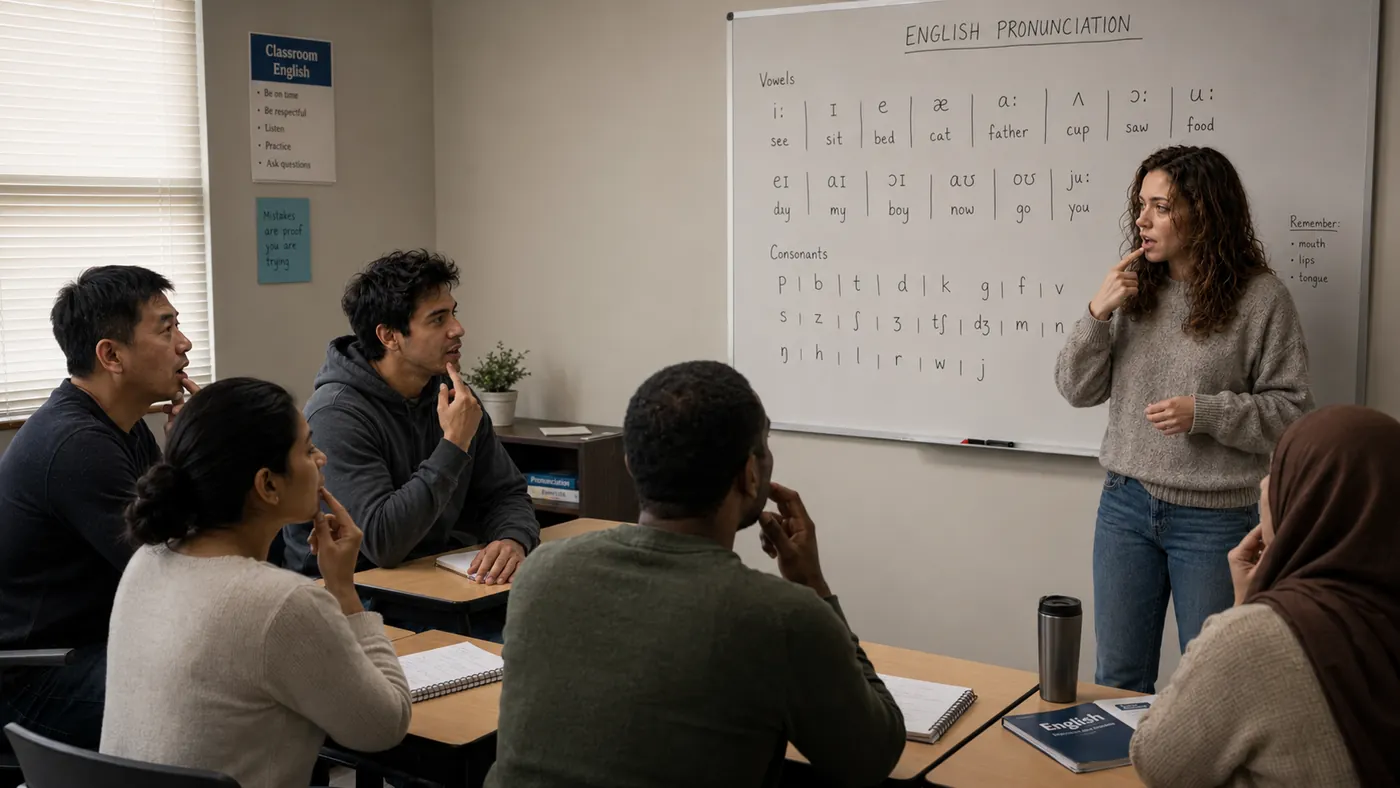 Ella teaches pronunciation to a small university class