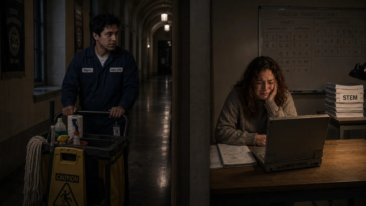 Miguel pauses during his night shift while Ella works at an old laptop