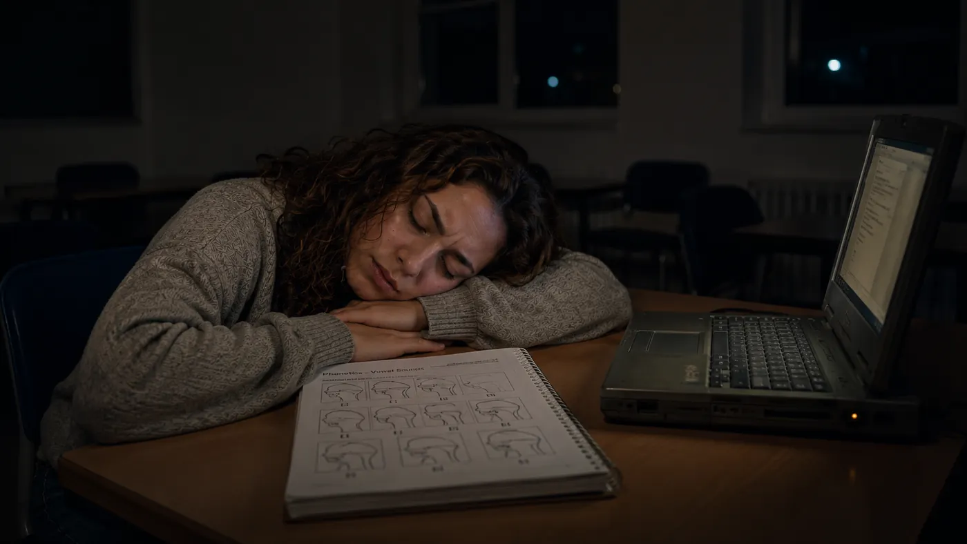 Ella sleeps beside her notebook and frozen laptop