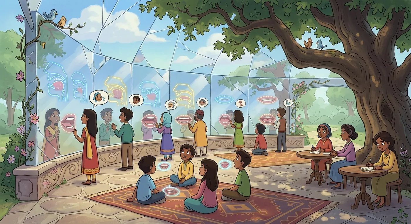 An imagined open-air phonetic castle filled with learners and speech diagrams