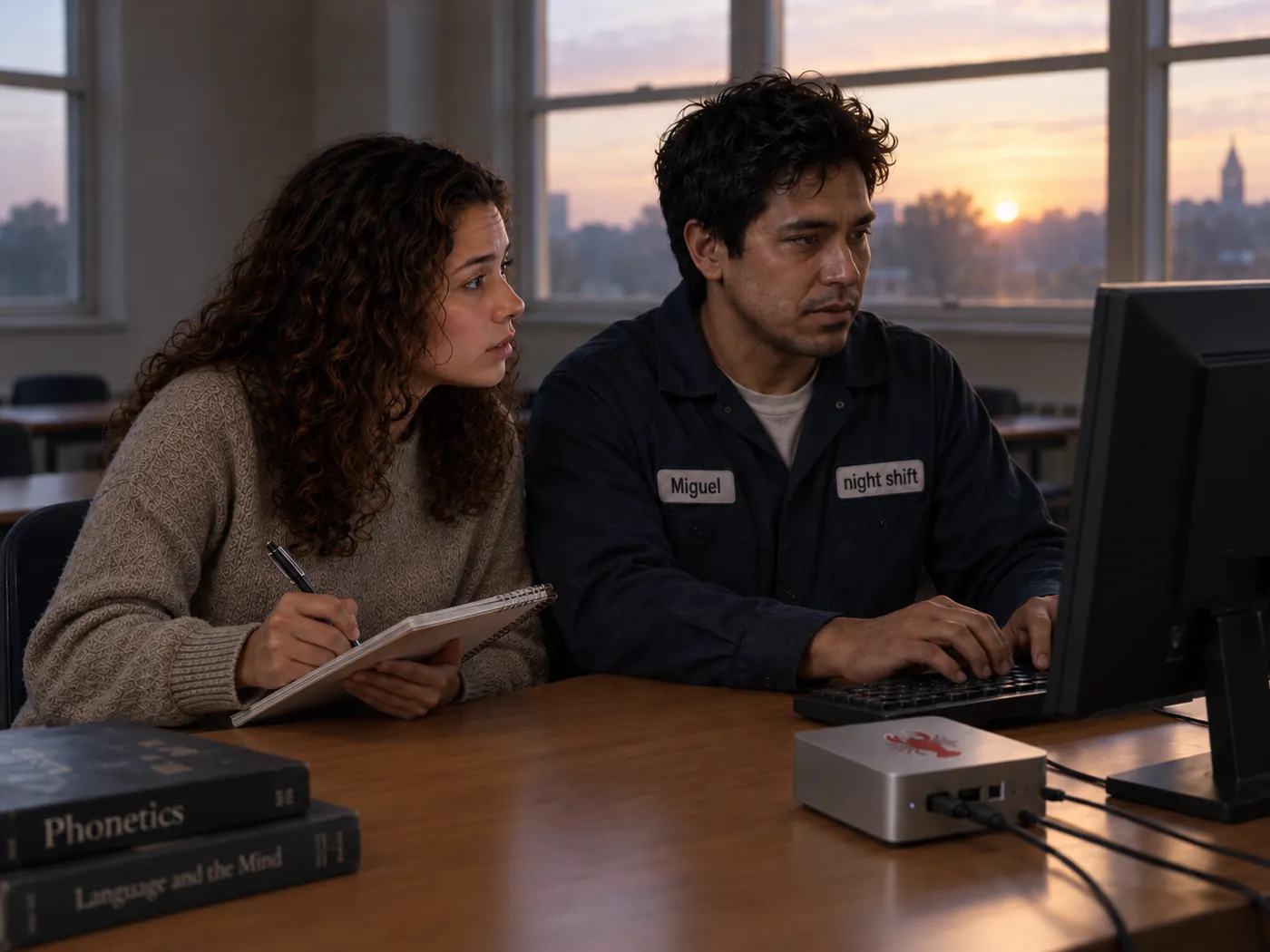 Ella and Miguel work together at a computer connected to a small lobster-marked box