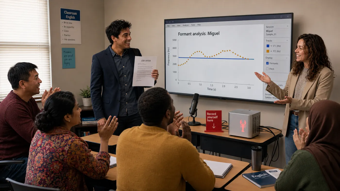 Ella and Miguel present a phonetic analysis screen to students
