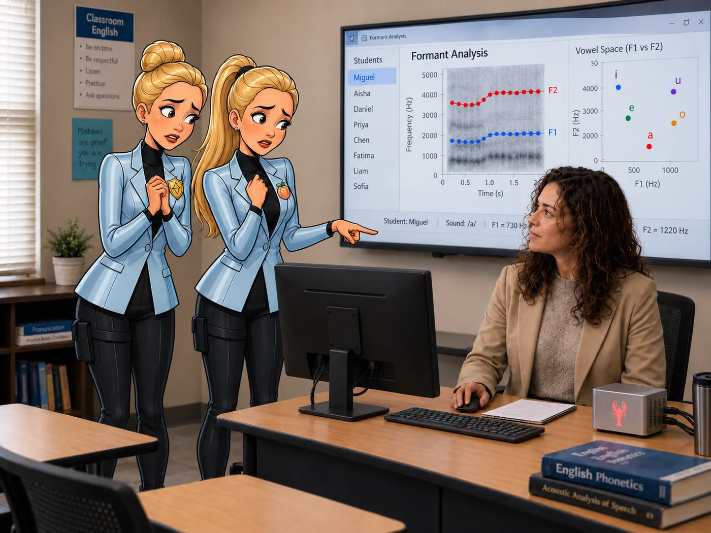 Ziri and Olexa visit Ella beside a phonetic analysis display