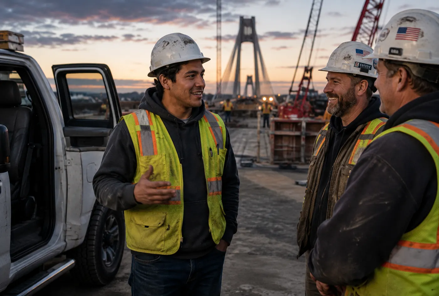Miguel speaks with colleagues at a construction site beside his pickup truck