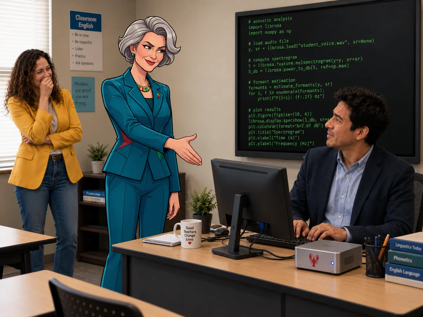Miguel sits at a computer while Gwynn, Ziri and Olexa look on