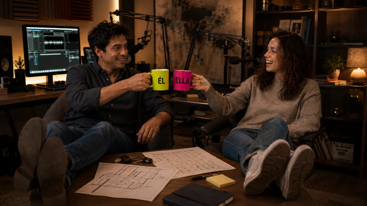 Cindy and Miguel laugh and raise mugs together in the quiet office