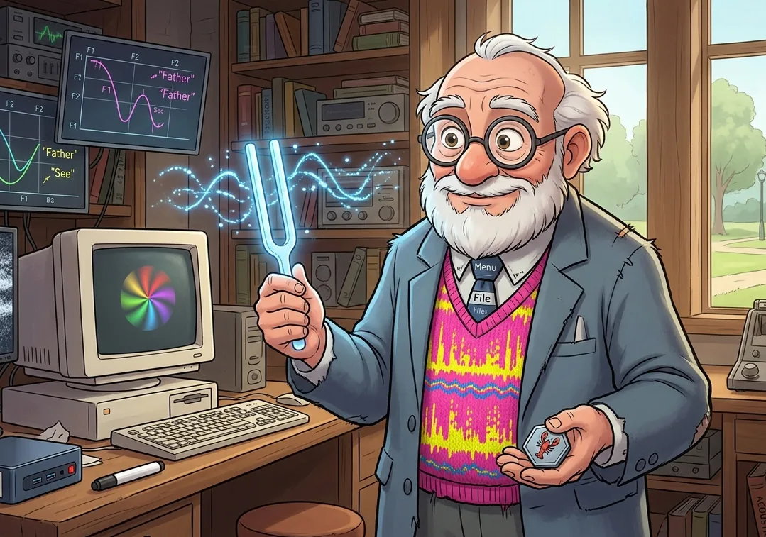The open-source wizard holds a glowing tuning fork and a lobster token beside an old speech-analysis computer