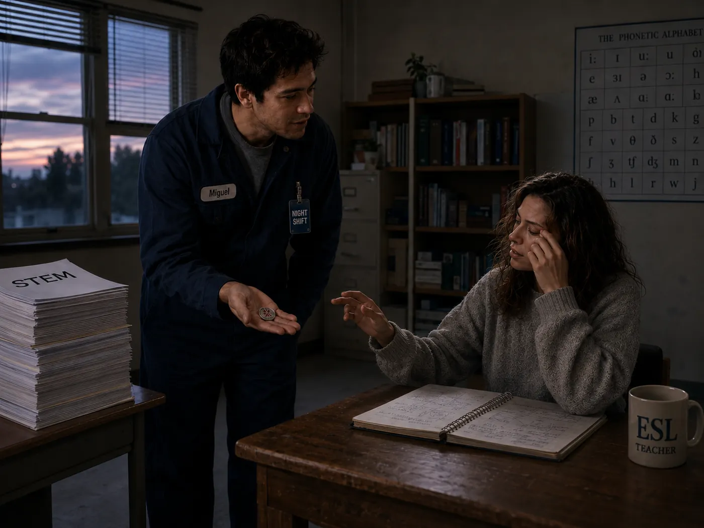 Miguel offers Ella a small mysterious lobster token in the dark classroom